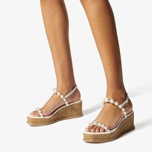 Jimmy Choo Amatuus 60 Latte Nappa leather Wedge Pearl-Embellished Beige Sandals